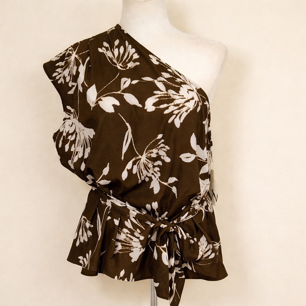 Worthington Olive dark green  Floral One-Shoulder Blouse